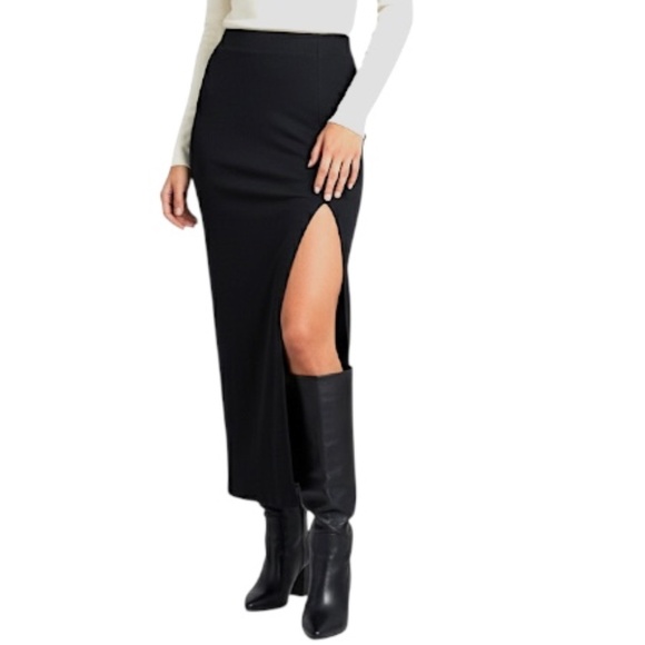 Vintage 80s 90s black minimalist high slit stretchy long maxi pencil skirt M - Picture 3 of 11